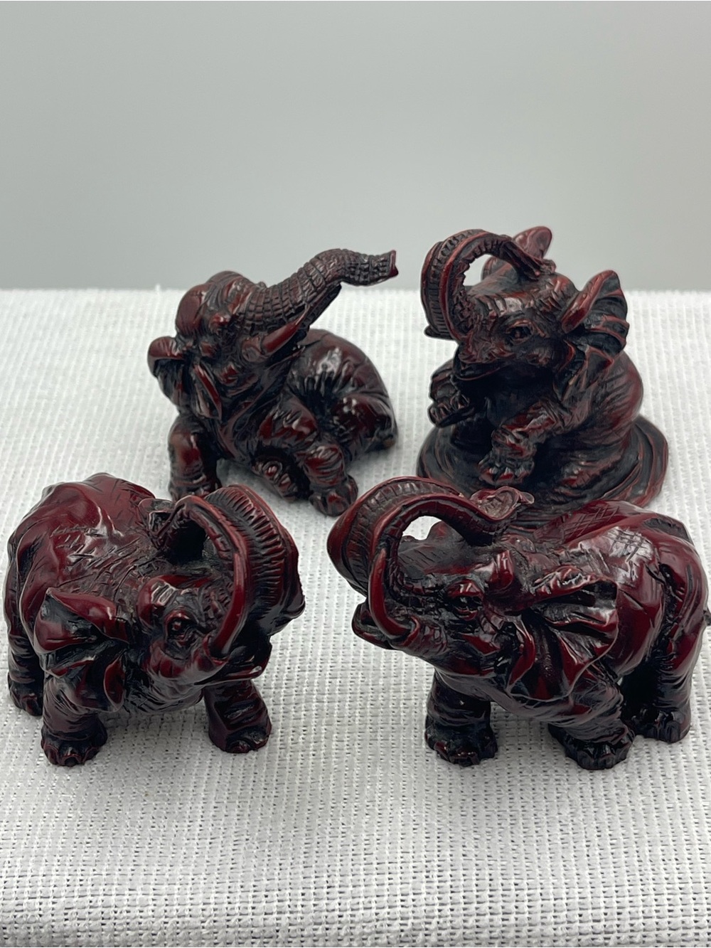 VTG Feng Shui Collectible Handcrafted Red Resin Elephant Figurines w/ Trunks Up